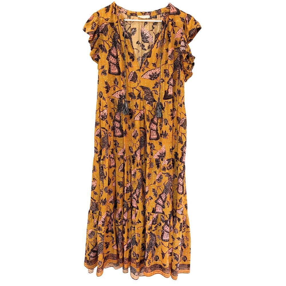Ulla Johnson Maxi Dress Tiered Arinella Cover Up Solar Yellow Floral Flutter XL - Picture 4 of 7